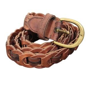 Amiee Lynn Brown Leather Woven Belt Women's Lg Brass Classic Minimalist 38"